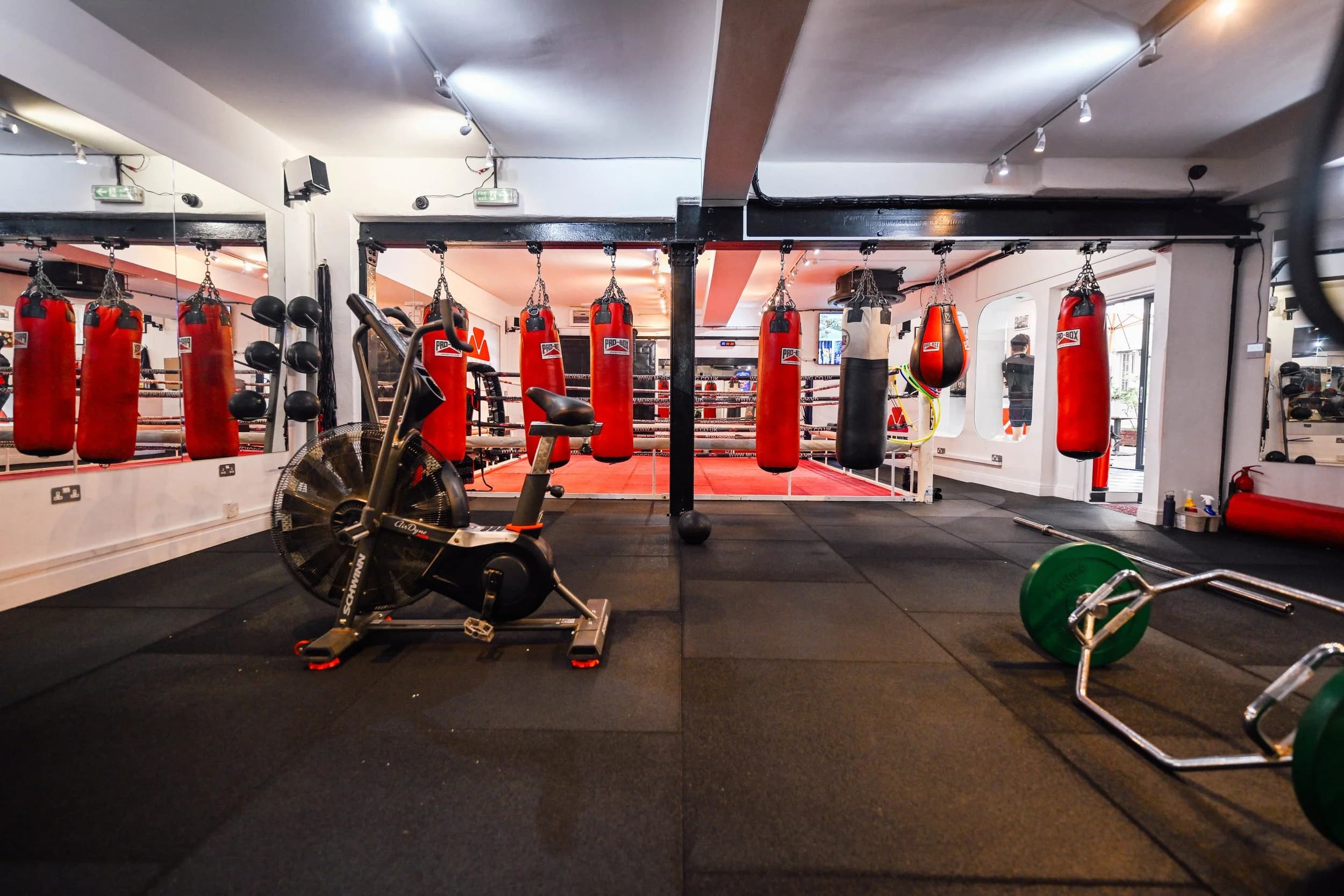 Moreno Boxing gym floor with boxing bags and ring